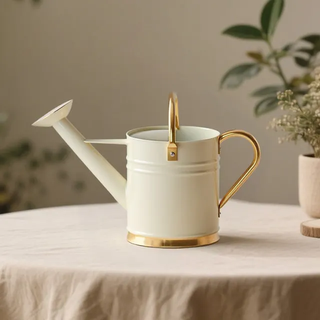 Annaffiatoio giardino 3.6L: Design bianco/oro + beccuccio lungo + maniglia doppia — Resistente in ferro per piante interne/esterne