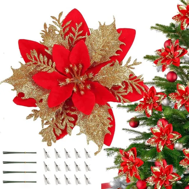 20 piezas decoraciones navideñas, flores artificiales de Navidad con Clips, guirnalda de árbol de Navidad brillante, flores artificiales