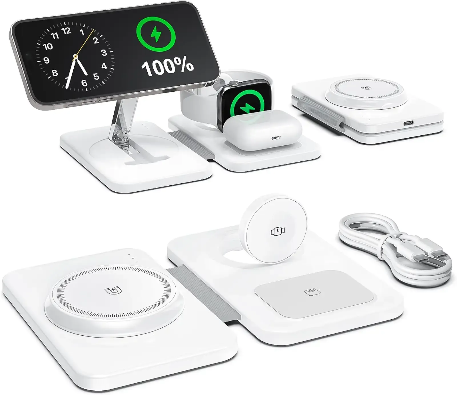 3 in 1 Magnetic Wireless Charger for Apple Multiple Devices, Foldable Fast Charging Station - Magsafe Charger Stand, Travel Charger Pad for iPhone 17 16 15 14 13 12 Series/Apple Watch/AirPods Pro