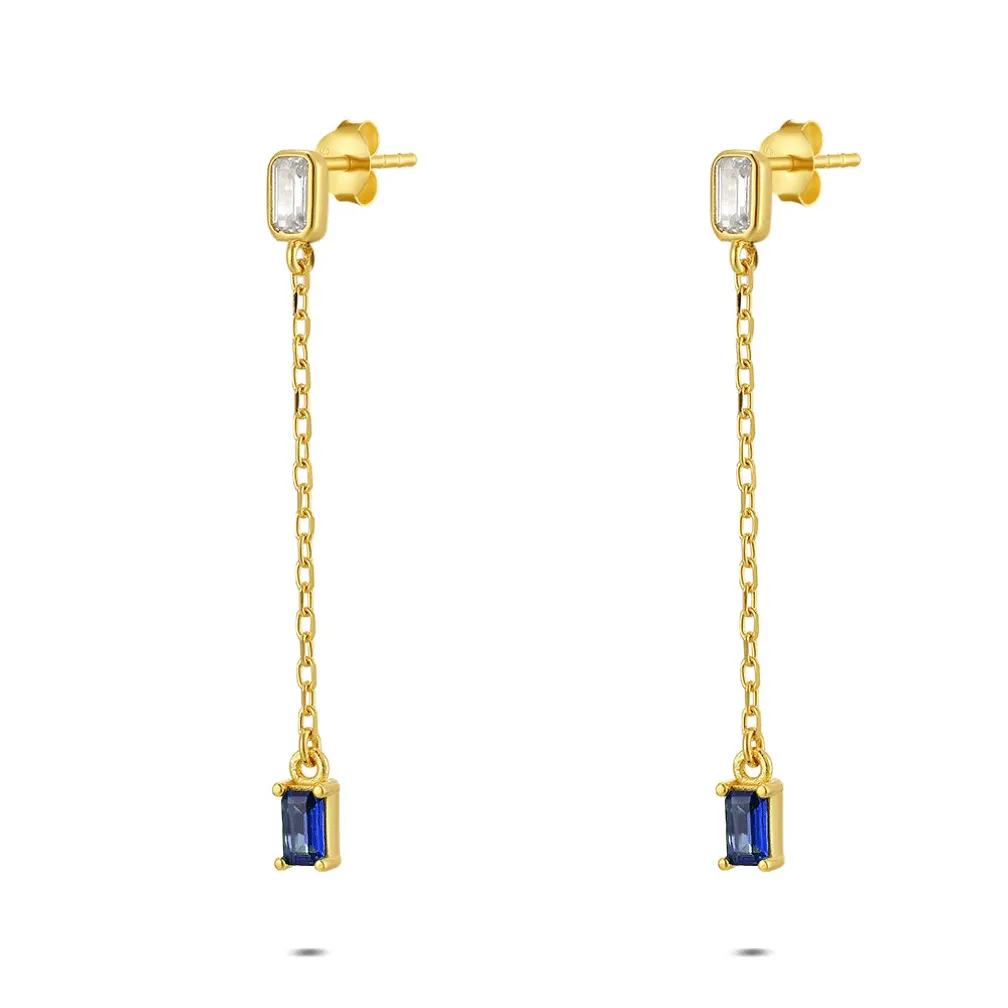 Oorbel in zilver, hangend met blauwe stenen