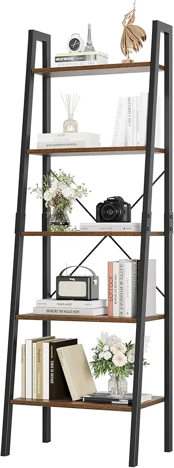 5-Tier Ladder Shelf, Ladder Bookshelf Bookcase with Metal Frame, Plant Rack Display Shelf Accent Furniture for Home Office, Black/Rustic Brown