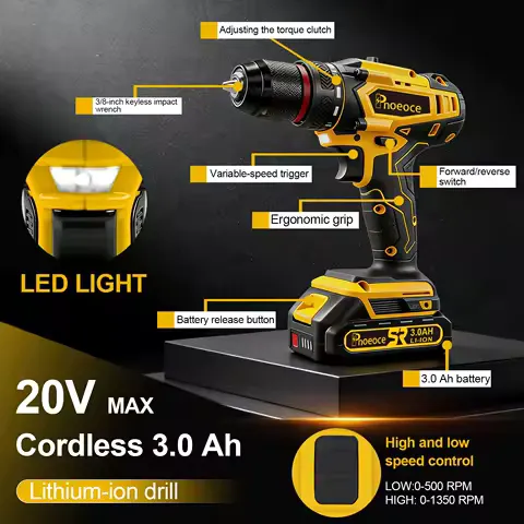 Phoeoce 20V Cordless Drill Set Compatible with Makita 18V Battery Power Drill Driver Kit with 3.0Ah Li-ion Battery 3/8" Keyless Chuck & Accessories Case
