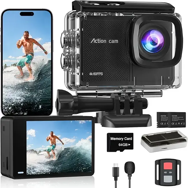 4K 60FPS Action Camera with 64GB Card-48MP Waterproof Camera,40M Underwater Camera,8X Zoom,EIS Stabilization,WiFi,Remote Control,MotorcycleCamera with 2 Rechargeable Batteries