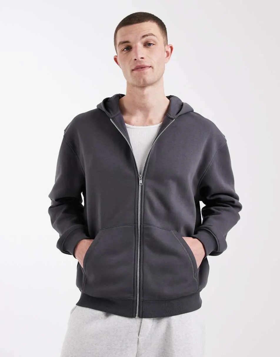 ASOS DESIGN essentials relaxed zip through hoodie in charcoal