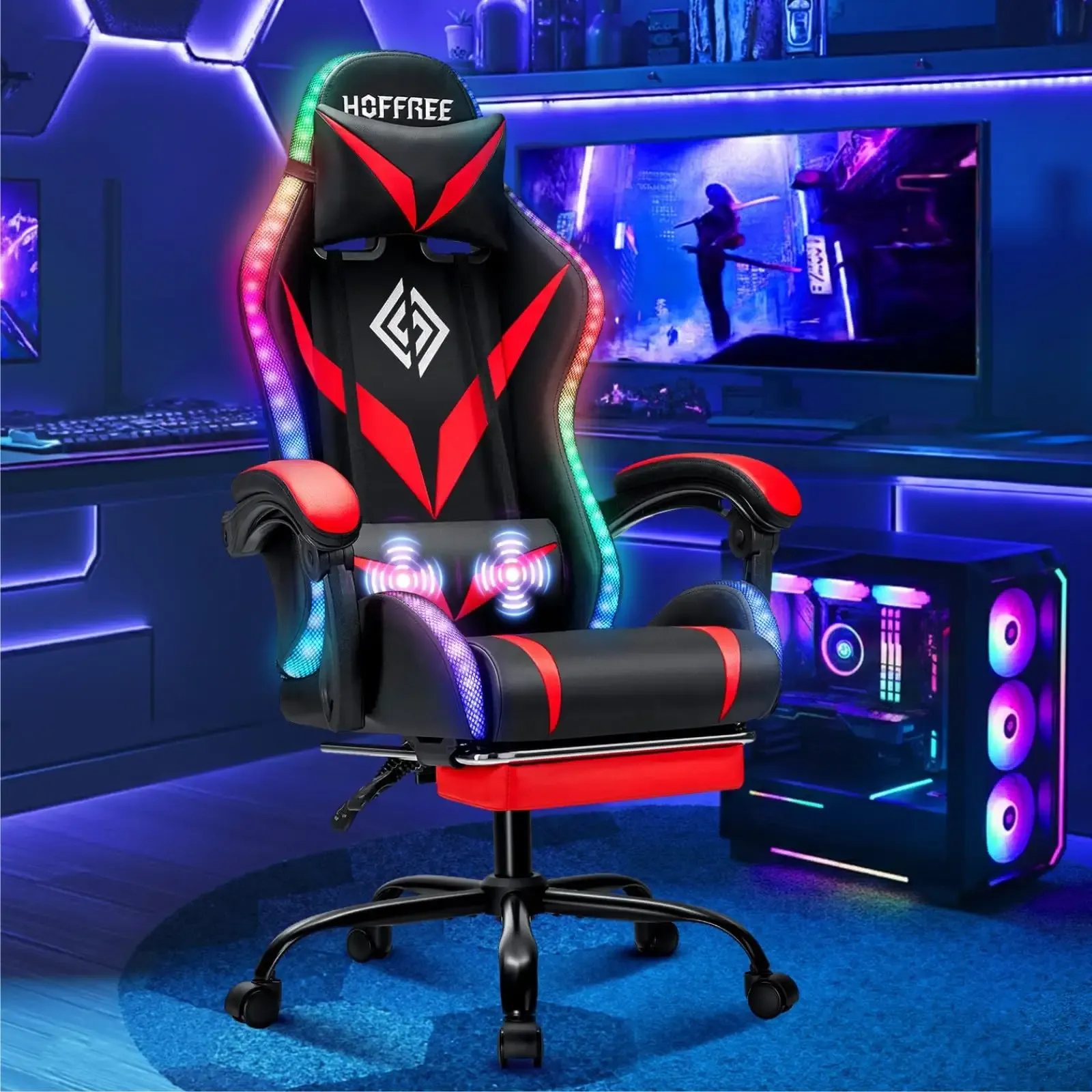 RGB Gaming Chair with Massage & Footrest Racing Style Computer Chair-Red | Reclining Gamer Chair with LED Lights Lumbar Support Ergonomic High Back Video Game Chair for Adults Silla Gamer