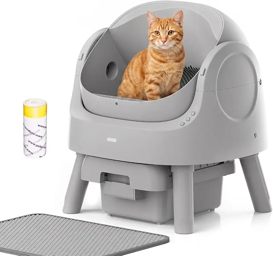 Mimfam Automatic Self Cleaning Litter Box, with 4 Pairs Infrared Senor, Open-Top Design for Multi-Cat Homes, Comes with Liner Bags and Cat Litter Mat, Grey