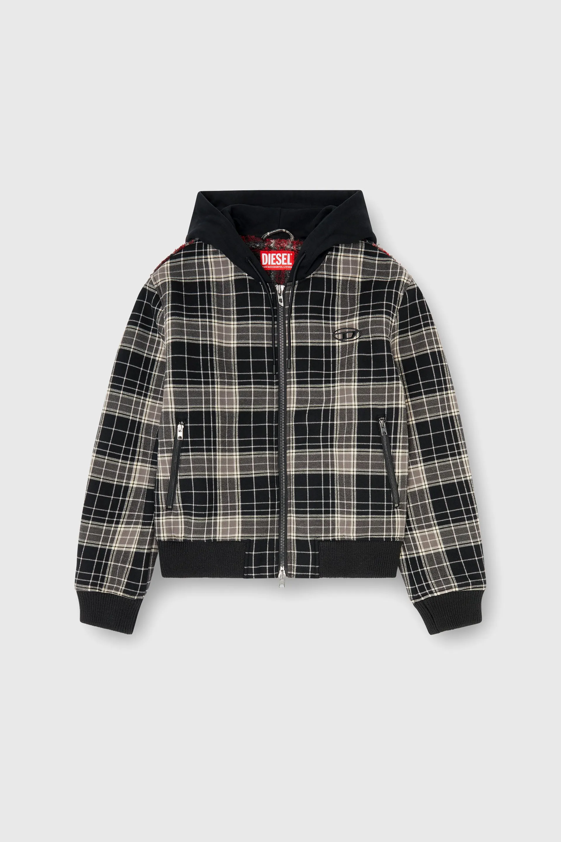 Check-flannel bomber jacket with teddy interior