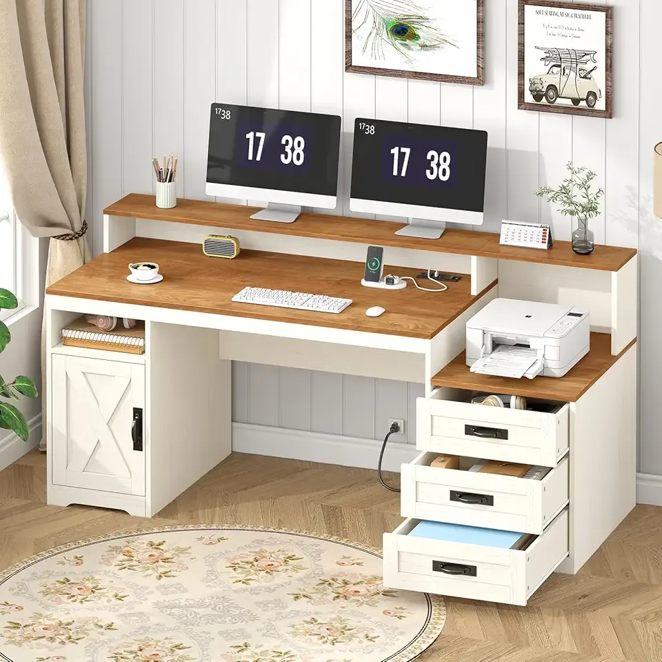 TVU Farmhouse Computer Desk with Drawers, 65'' Home Office Desk with Power Outlets, Storage Cabinet and Printer Stand, Study Writing Desks with Long Monitor Stand, White