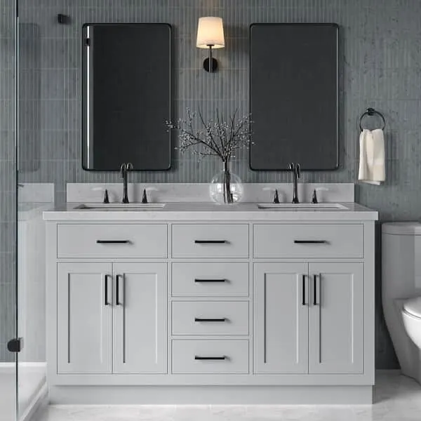 ARIEL Hepburn 60 in. Double Sink Freestanding Bathroom Vanity in Gray with Carrara White Quartz Top