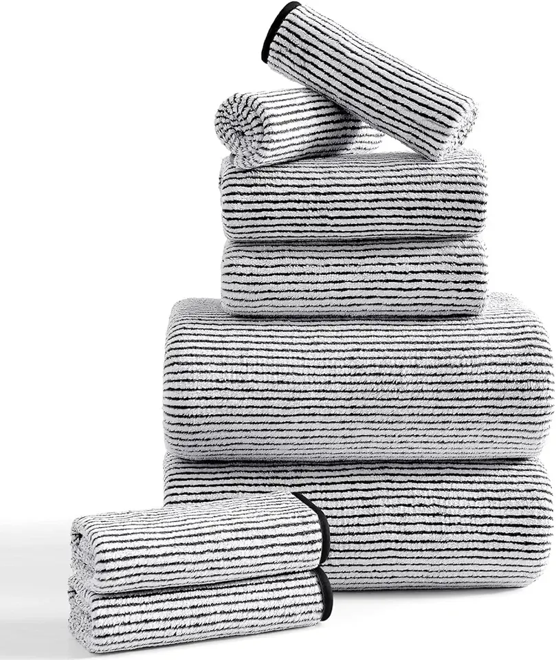 8-Piece Premium Towel Set for Bathroom|2 Oversized Large Bath Sheet 35”x70”,2 Hand Towels,4 Washcloths|Soft Cozy Absorbent Fast Dry Polyester Shower Towel Set for Hotel Bathroom Essentials,Black White