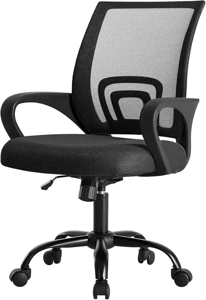 DUMOS Office Desk Chair - Ergonomic Mid Back with Lumbar Support & Rocking Mode, Height Adjustable with Fixed Armrest, Storage Back for Computer, Gaming, Conference, Meeting, 360° Swivel, Black