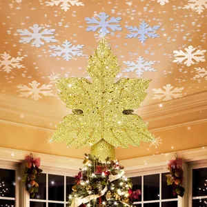 Adorno para árbol de Navidad con proyector de copos de nieve LED incorporado, decoración navideña de hojas doradas con purpurina 3D, adorno navideño