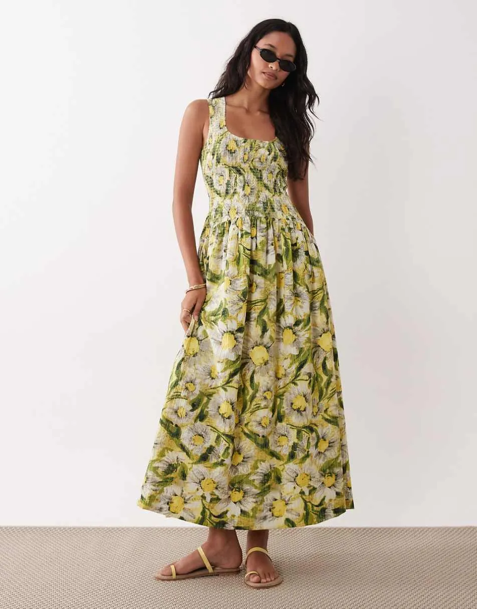 ASOS DESIGN crinkle scoop neck maxi sundress with shirred waist in yellow daisy print