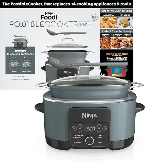 Ninja® 14-in-1 PossibleCooker™ PRO | 8.5qt, Sous Vide, Proof, Bake, & Steam Multicooker | Slow Cooker, Dutch Oven | Glass Lid & Integrated Spoon | Nonstick, Oven Safe Pot 500°F | Sea Salt Gray |MC1001