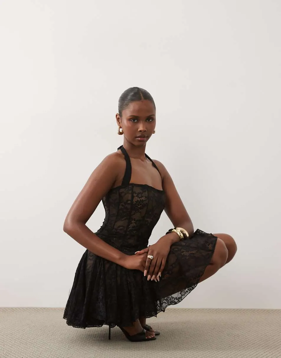 Murci square halterneck gathered godet hem lace mini dress in black