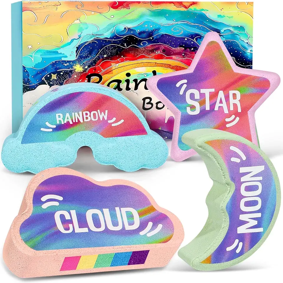 Rainbow Bath Bombs for Kids - 4 Pcs Handmade Natural Kid Bath Bombs, Birthday Gifts for Kids Girls, Organic Bubble Bath