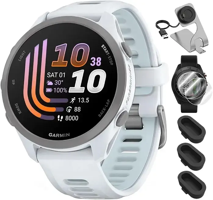 Garmin Forerunner 170, 1.2" AMOLED GPS Running Watch, Pay, 10-Day Battery, Whitestone/Cloud Blue, 010-03920-01 w/Deco Essentials Charging Dock, 2-Pack Screen Protector & 3-Pack Dust Cover
