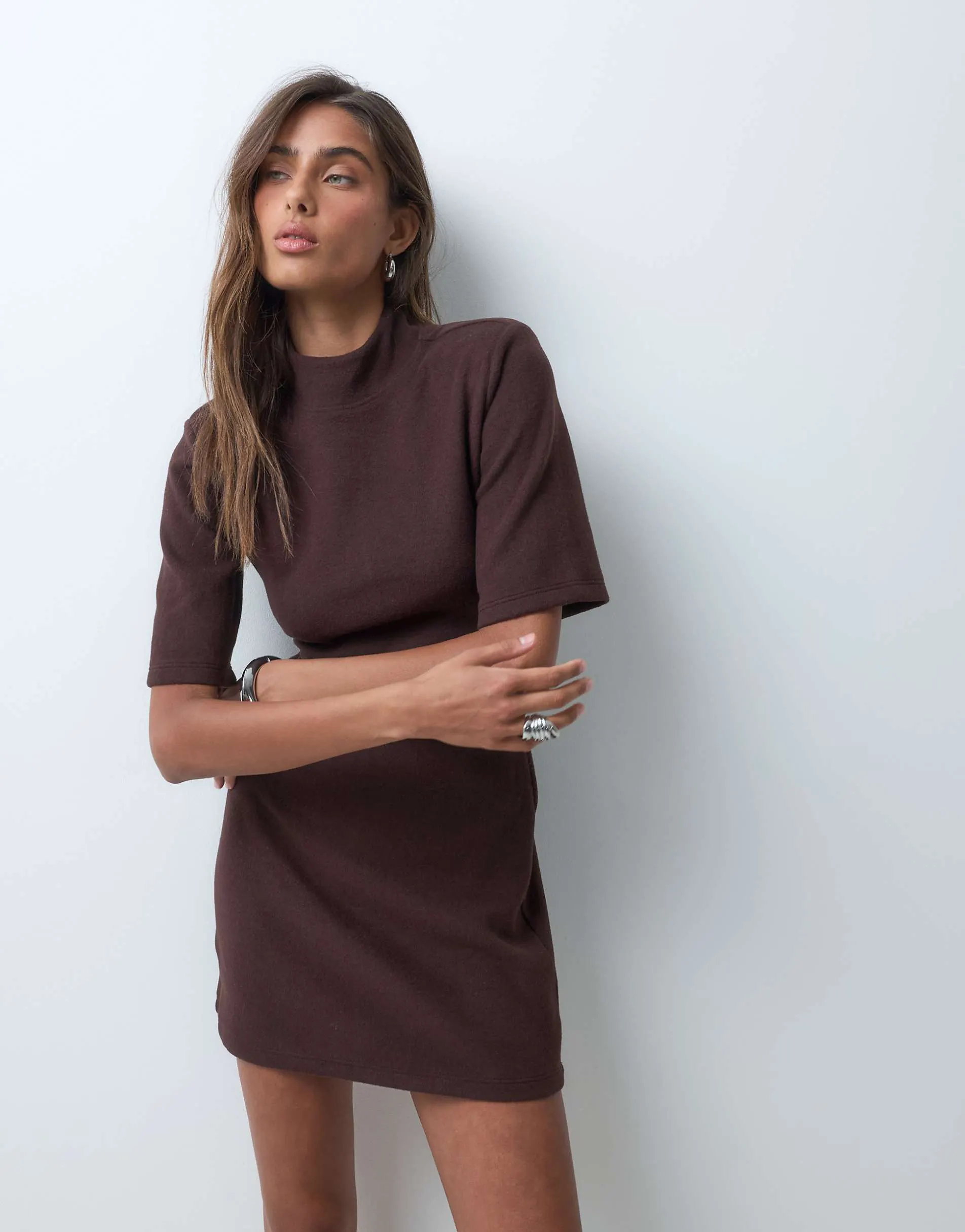ASOS DESIGN shoulder pad supersoft mini dress in chocolate