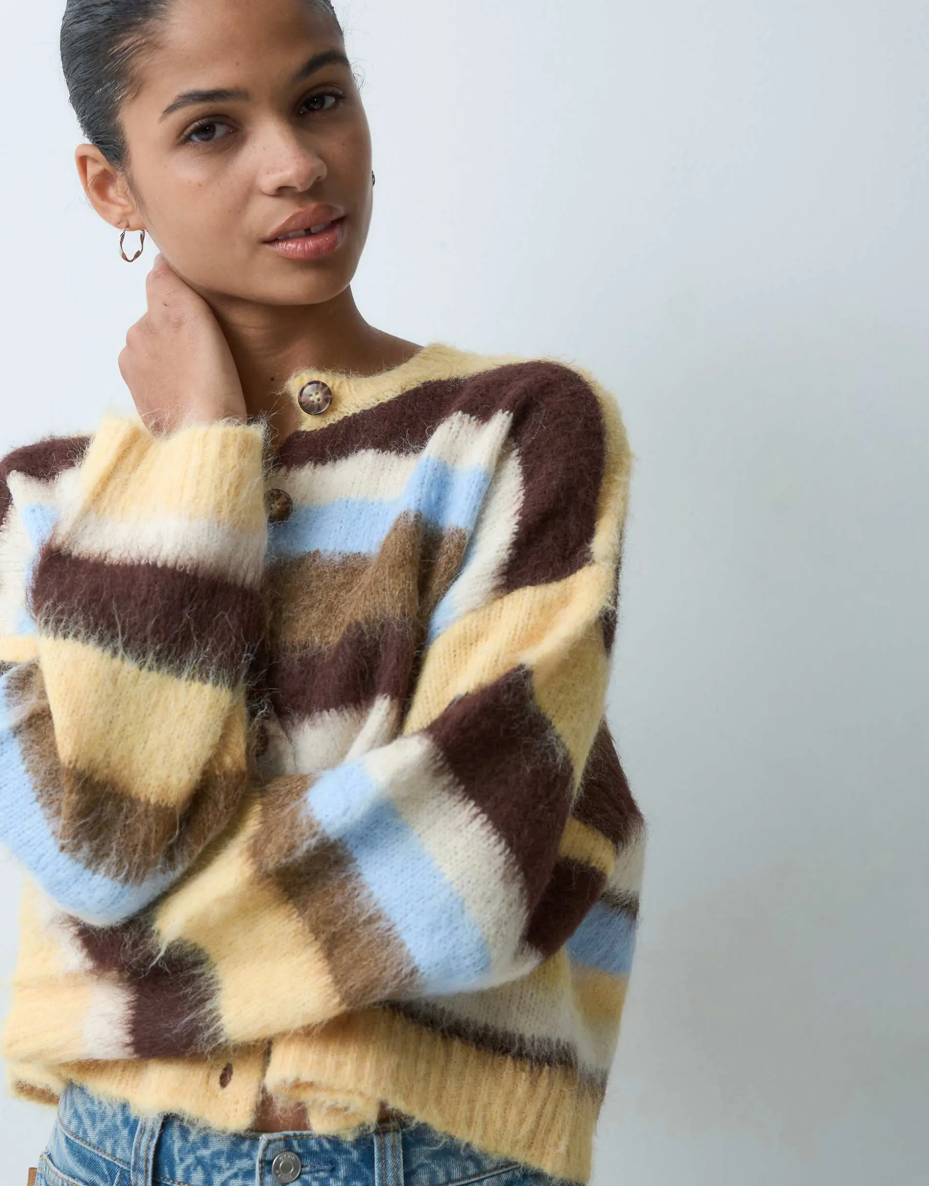 Miss Selfridge multi stripe brushed crew neck cardigan