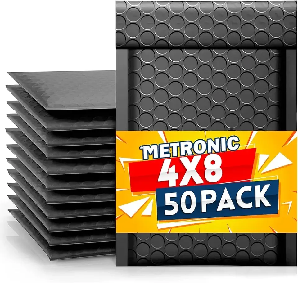 Metronic 4x8 Inch Bubble Mailer 50 Pack,Black Bubble Mailers, Waterproof Self Seal Adhesive Shipping Bags,Padded Envelopes for Shipping, Mailing, Packaging, Bulk #000, Bubble Mailers Usable Size 4x7