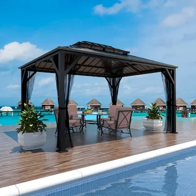 Hardtop Black Gazebo with Roof (Screen Included)