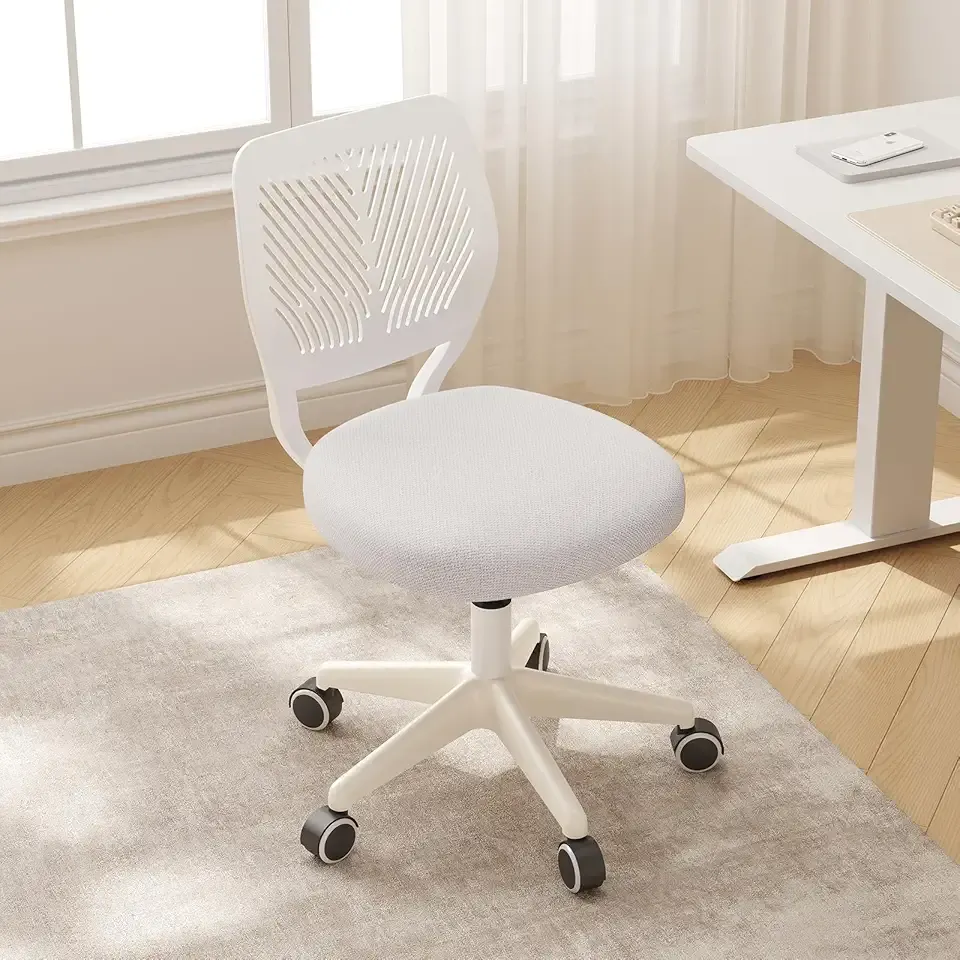 Armless Desk Chair, Height Adjustable Swivel Office Rolling Task Chairs with Soft Mesh Padded Cushion, Ergonomic Small Study Computer Chair for Girls Boys Teens (White, 1PC)