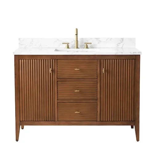 Vanity Art 48 inch W Single Vanity in Walnut with Engineered Marble Top with Golden Brushed Handles