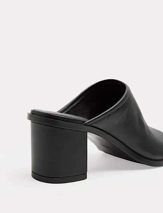 Leather Block Heel Peep Toe Mules
