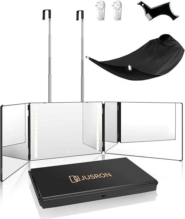 JUSRON 360 Viewing Angle Self Hair Cutting Mirror, Clear Anti-Fog HD Glass (Black with LED with Accessories)