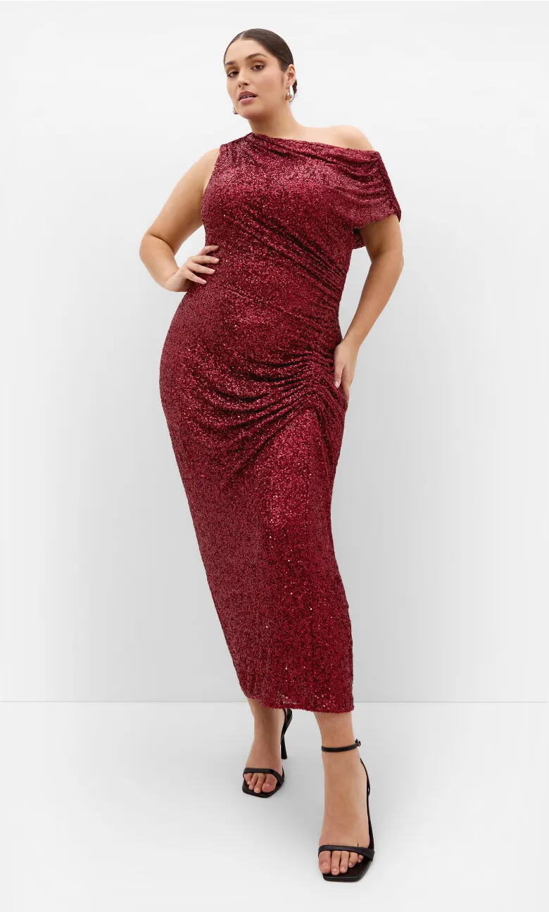 Sequin Star Off Shoulder Maxi Dress - berry