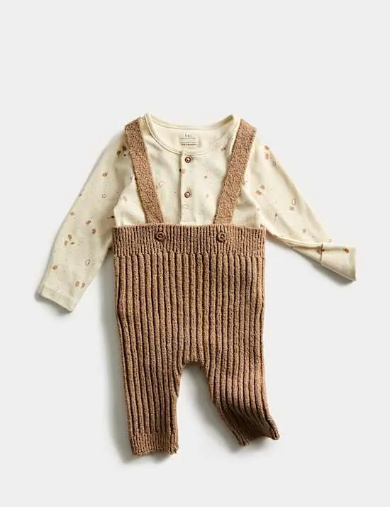 2-teiliges Latzhosen-Outfit mit hohem Baumwollanteil und Heftprint (0–12 M.)