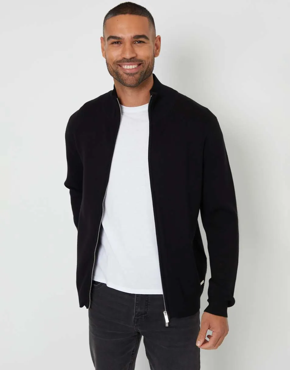 Threadbare Zip-through funnel neck knitted cardigan in black