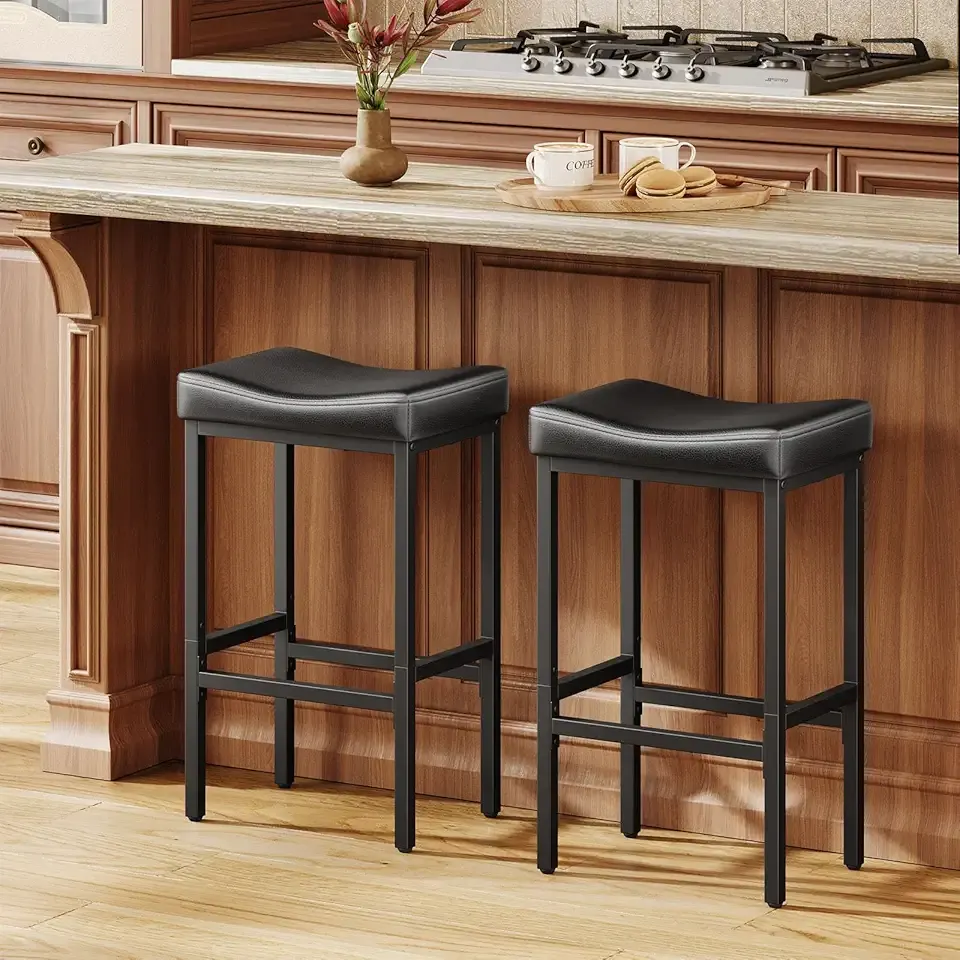 24 Inch Counter Height Bar Stools Set of 2, Compact Counter Stools for Small Spaces, Premium Faux Leather Barstools with Right-Sized Saddle Seat & Metal Legs, 15-Minute Easy Assembly, Black