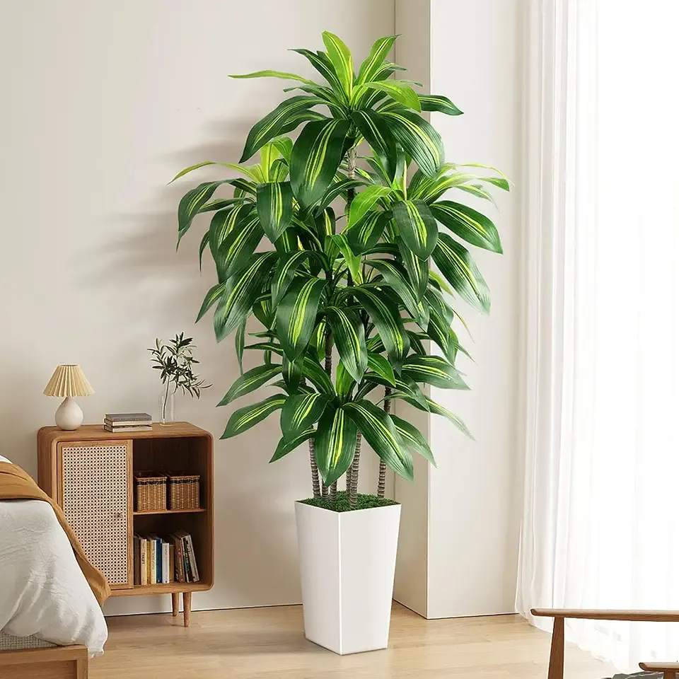 Artificial Dracaena Tree Indoor, 5FT Tall Fake Tree with White Tall Planter | Artificial Tree Fake Yucca Potted Tree for Home Office Living Room Decor，Tall Artificial Plant for Housewarming