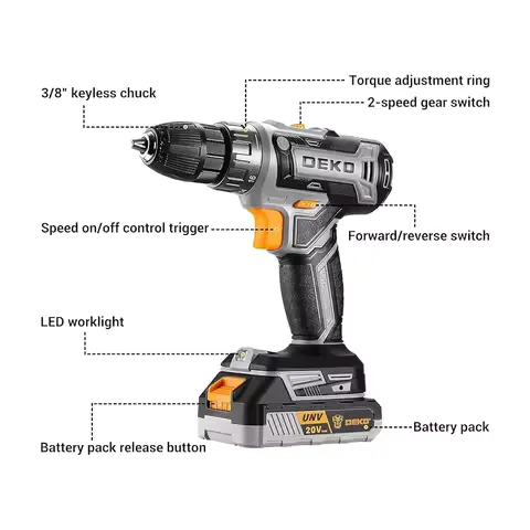 DEKO 20V Women's Cordless Drill with Battery and Charger 20V Drill Driver Kit Suitable for Woodworking Household Tools