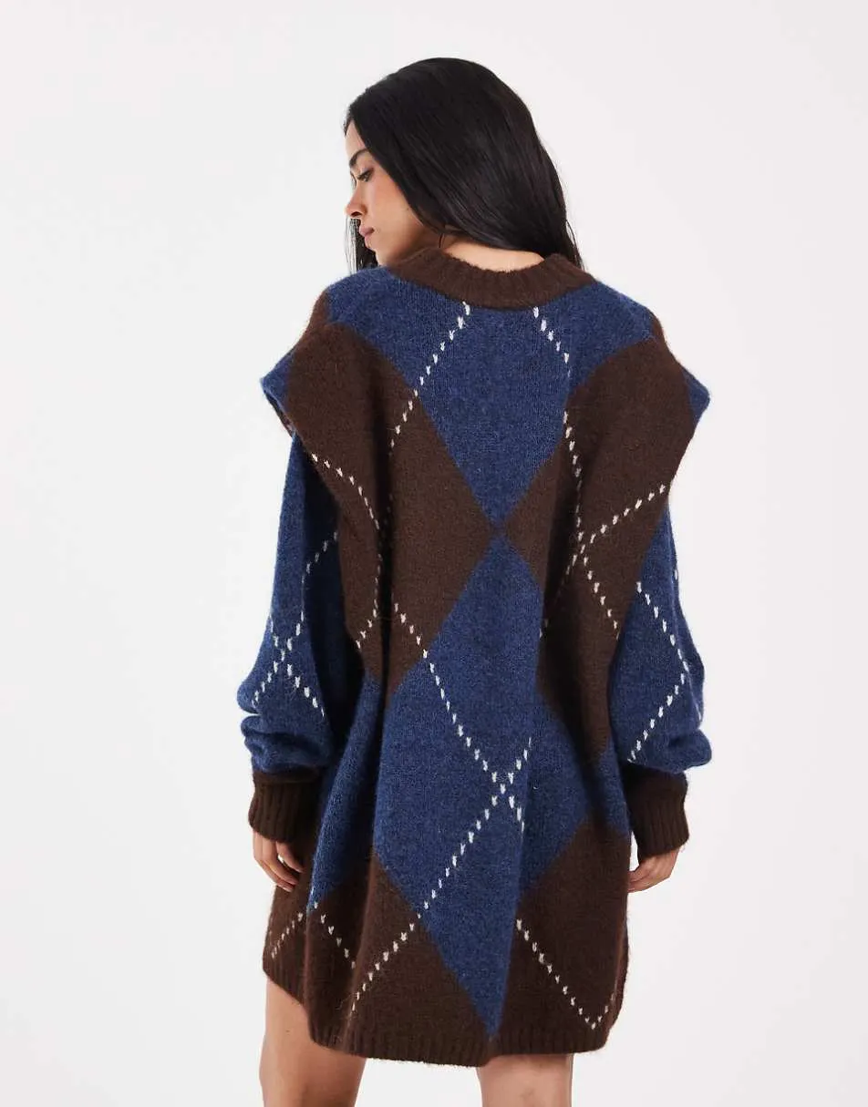 Muse Assembly knitted lucie mini dress in brown blue check