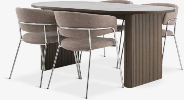 LYNGVIG + RAMSING LYNGVIG L180/260 donker eiken + 4 RAMSING beige/chroom