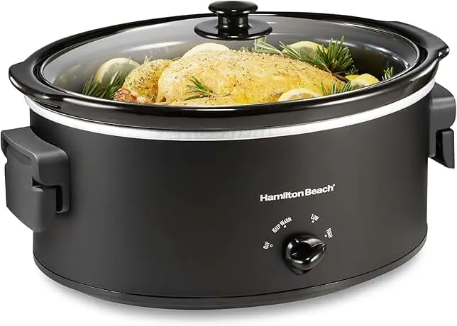 Hamilton Beach 6 Quart Slow Cooker with Space-Saving Folding Handles, 3 Heat Settings, Dishwasher Safe Stoneware Crock and Glass Lid, Black (33664)