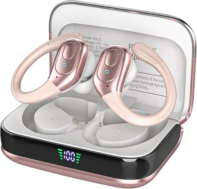 Wireless Earbuds Bluetooth 5.4 Headphones, IPX7 Waterproof Earphones, Over-Ear Earphones, Noise Canceling Ear Buds with 75hr Playtime, LED Power Display for Sports/Workouts - Rose Gold