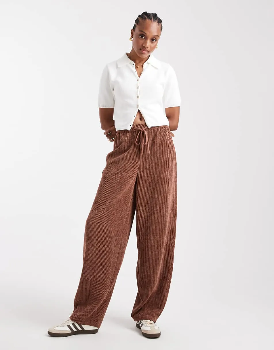 ASOS DESIGN Tall cord barrel leg pull on trousers in chocolate