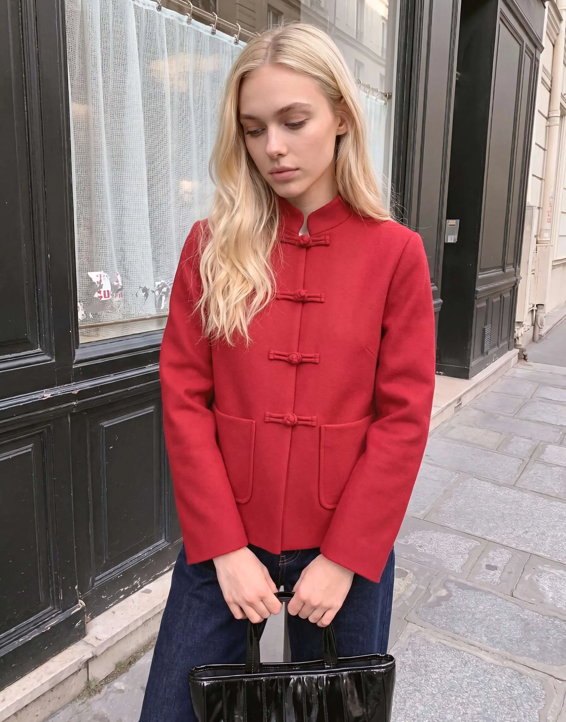 Vero Moda short mandarin jacket with pockets in red