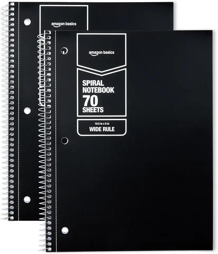 Amazon Basics Wide-Ruled Spiral Notebooks, 8" x 10-1/2", 70 Sheets, Black, 2-Pack