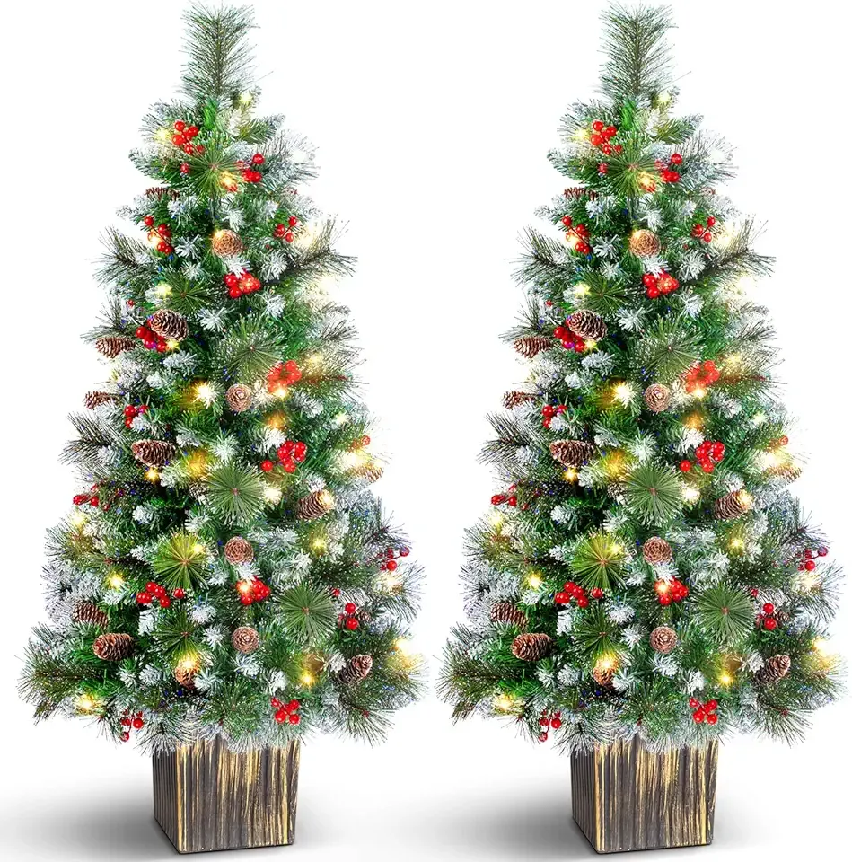 4FT Outdoor Christmas Tree with Lights in Vintage Potted Base, Battery Operated Xmas Tree with Snow-Touched Branches, 100 LED Warm Lights with Timer, Porch Entryway Holiday Decoration