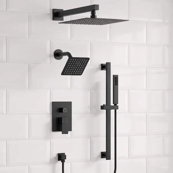 GRANDJOY 10 in.​ and 6 in.​ Square Shower System 3-​Spray Dual Wall Mount Fixed and Handheld Shower Head 2.​5 GPM in Matte Black