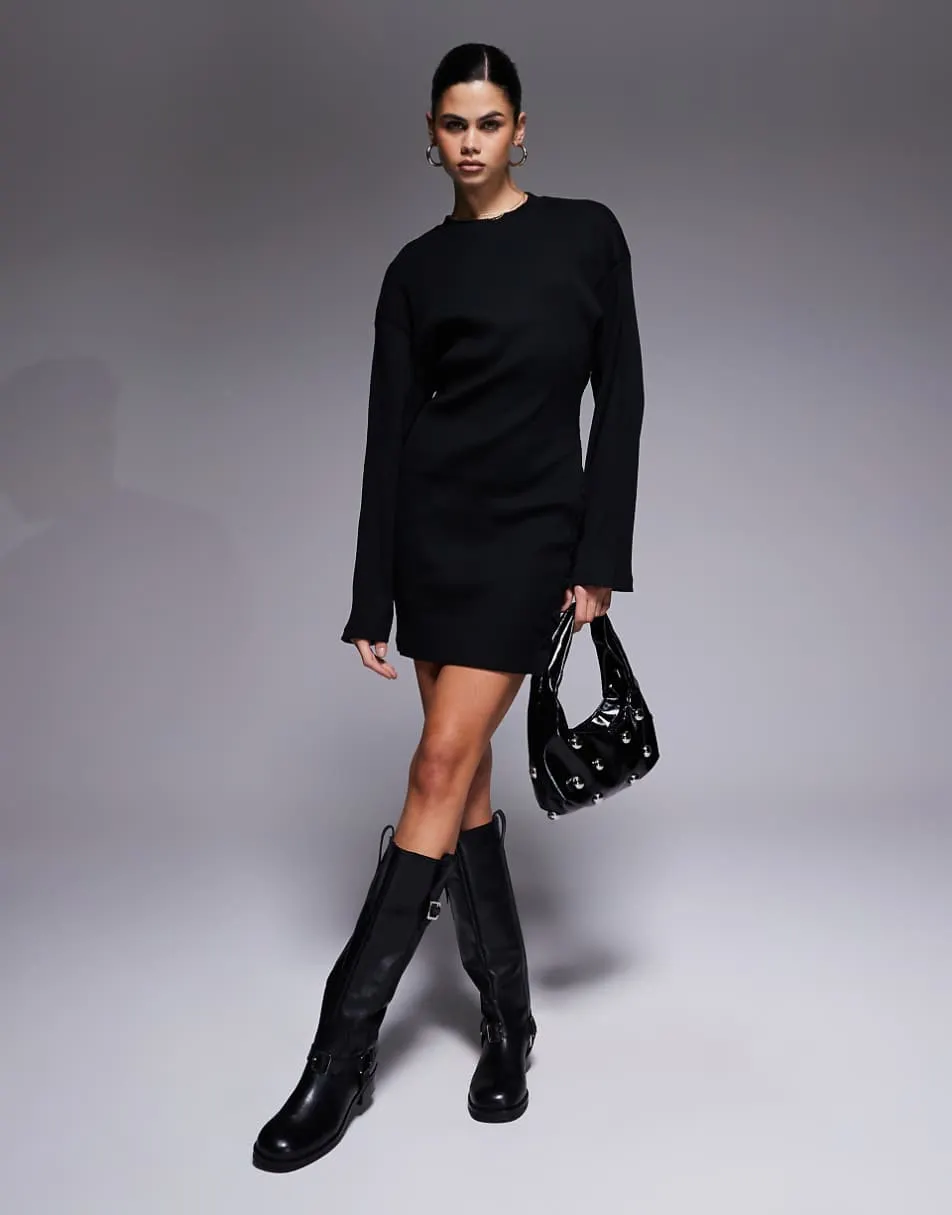 ASOS DESIGN button detail wide rib crew neck mini dress in black