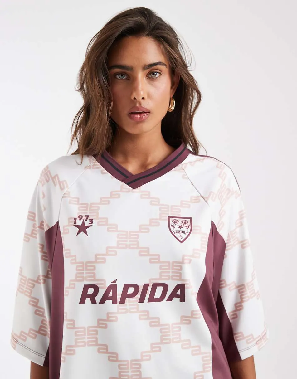 ASOS DESIGN oversized v neck football t-shirt with geometric print in peach