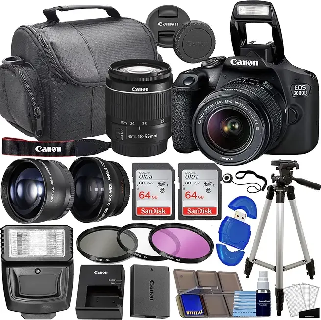 Canon EOS 2000D / Rebel T7 DSLR Camera w/EF-S 18-55mm f/3.5-5.6 Lens 3 Lens Kit: 128GB Memory + Wide Angle + Telephoto + Flash (Renewed)