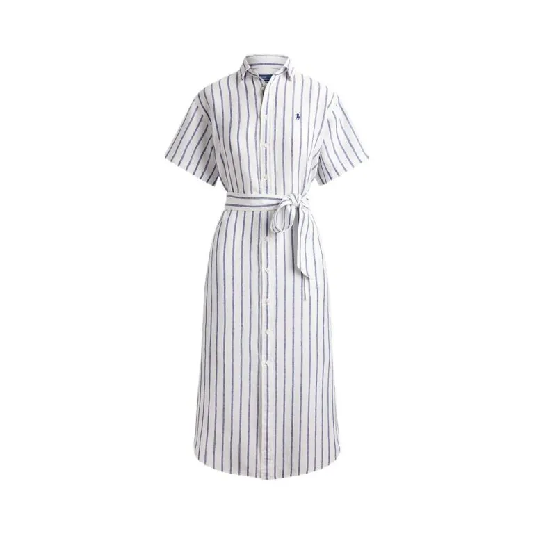 Striped Linen Short Sleeve Shirt Dress - Hvit