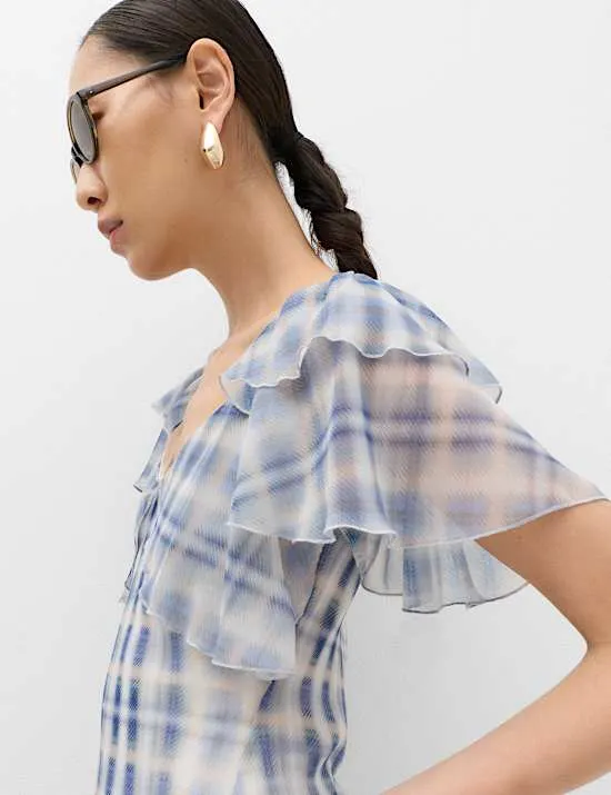 Checked Frill Sleeve Maxi Column Dress
