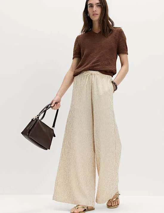 Seersucker Pull On Wide Leg Trousers